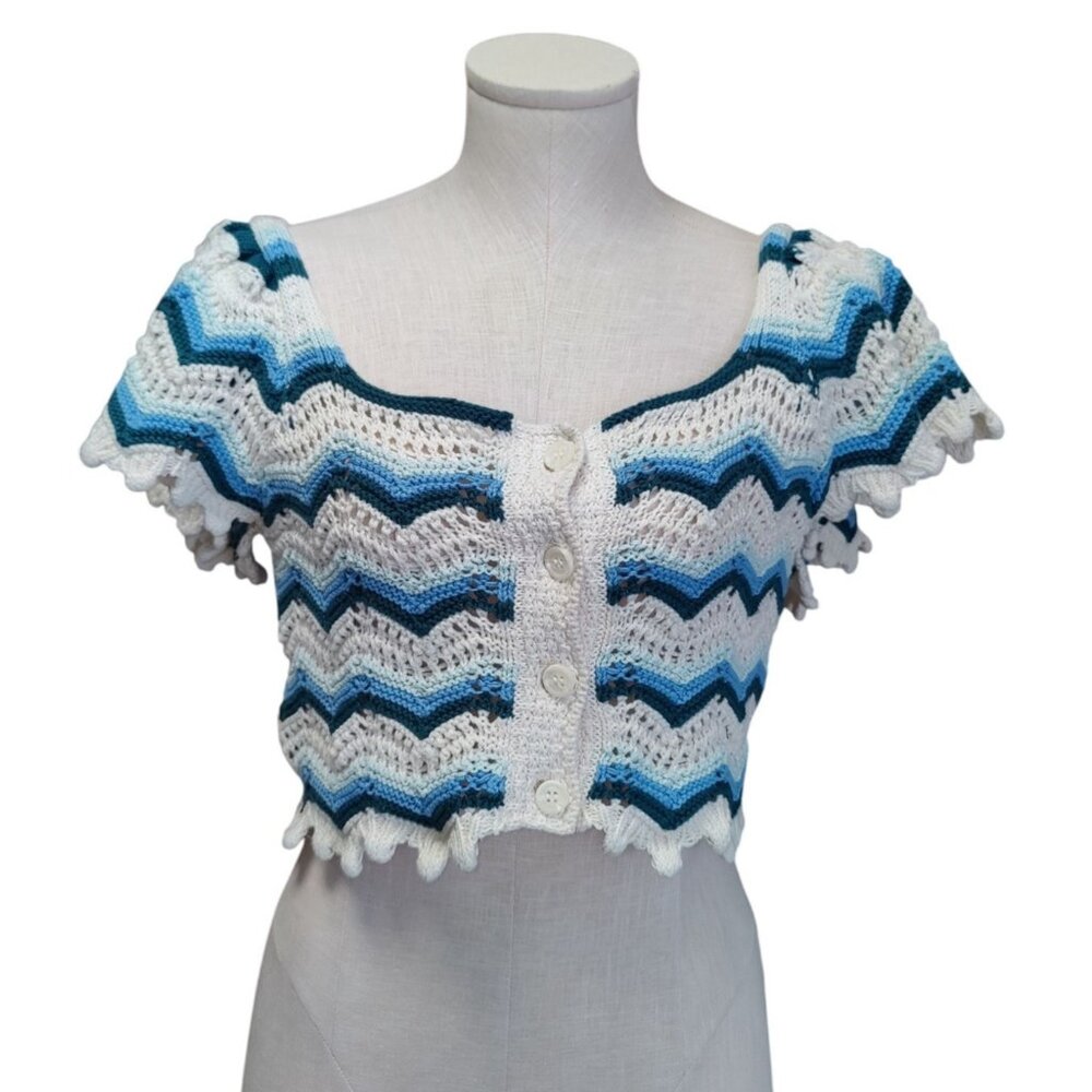 ZARA Cream Blue Green Chevron Knit Crochet Crop Top Womens S NWT Boho Coastal